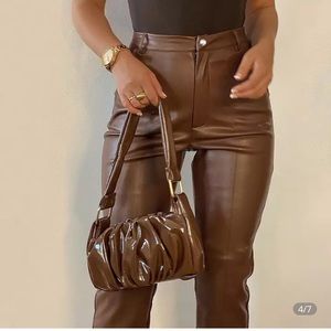 Brown faux leather split hem skinny pants